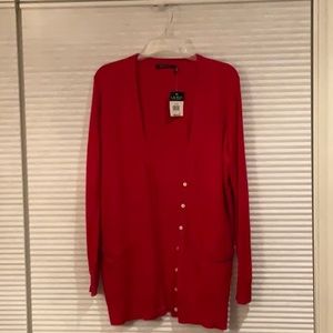 Ralph Lauren cardigan BRLLT RED w/ WHT buttons. Light weight. Front pockets. LG